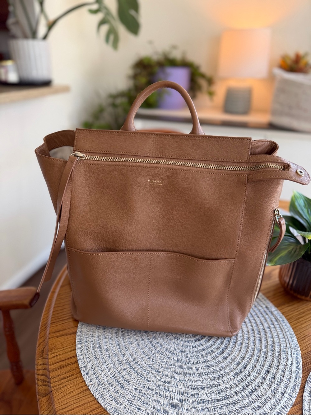 Mina Baie Harper Full Size Leather Diaper Backpack - Tan
